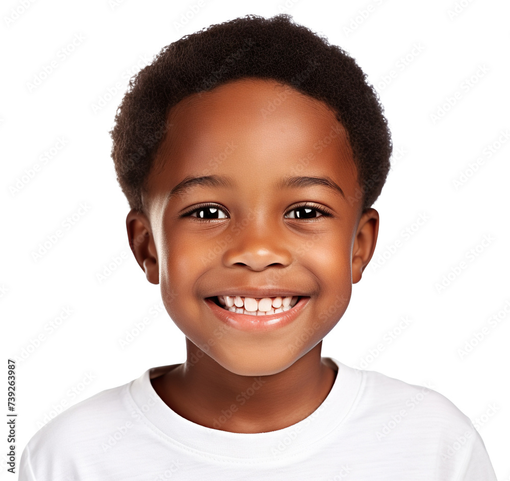 Cheerful young African American boy with short curly hair, cut out