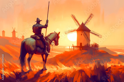 A valiant knight, Don Quixote, confronts iconic windmills at sunset, embodying the eternal struggle against imaginary foes. photo