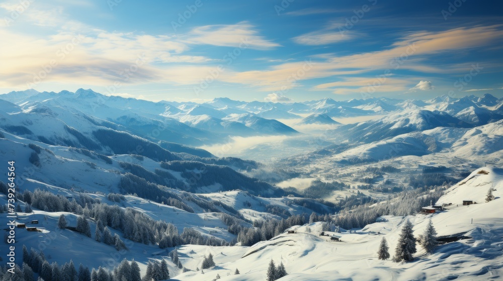 Alpine ski slopes at dawn, chairlifts and fresh ski tracks visible, mountains bathed in the soft morning light, capturing the excitement and beauty of skiing, P