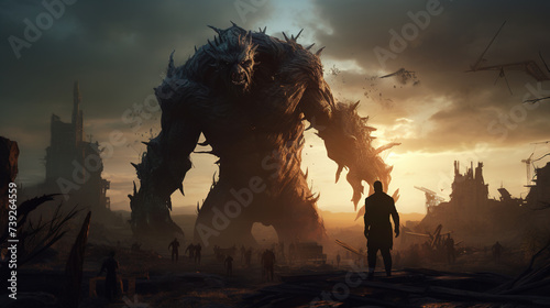 Giant monster over the destroyed city. Mythical giant attack.