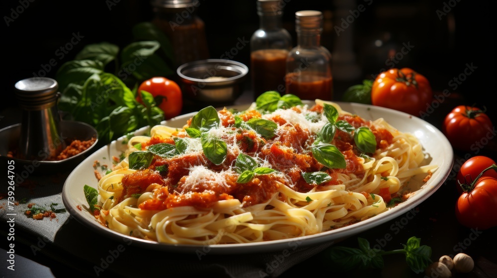 Freshly made pasta with homemade sauce on a kitchen table, rustic setting, showcasing the traditional and authentic preparation of Italian cuisine, Photorealist Freshly made pasta with homemade sauce on a kitchen table, rustic setting, showcasing the traditional and authentic preparation of Italian cuisine, Photorealist
