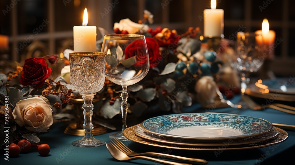 Elegant dining room set for a New Year's Eve dinner, table with fine china, glasses, and a festive centerpiece, showcasing the preparation for a celebratory gat