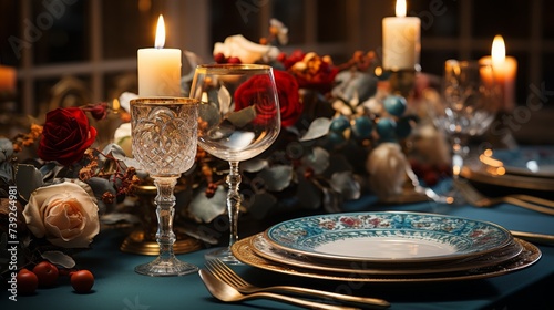 Elegant dining room set for a New Year s Eve dinner  table with fine china  glasses  and a festive centerpiece  showcasing the preparation for a celebratory gat