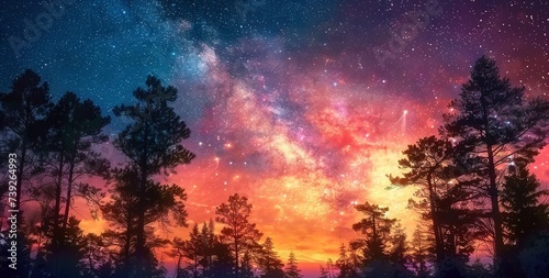 Galactic Forest Symphony - The Milky Way Illuminating the Night Sky Amidst a Misty Forest, Enhanced by the Subtle Hues of Sunset. Made with Generative AI Technology