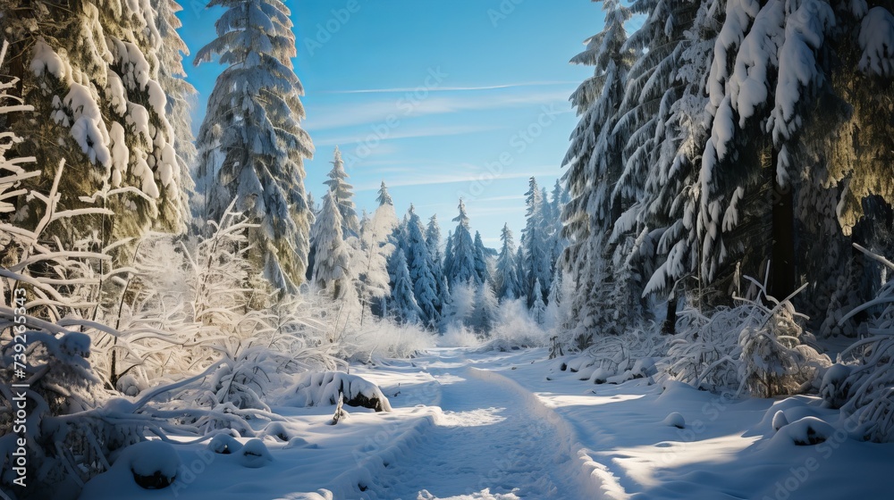 Cross-country ski trail winding through a forest, tracks in the snow, peaceful and scenic, showcasing the endurance and tranquility of Nordic skiing, Photoreali Cross-country ski trail winding through a forest, tracks in the snow, peaceful and scenic, showcasing the endurance and tranquility of Nordic skiing, Photoreali