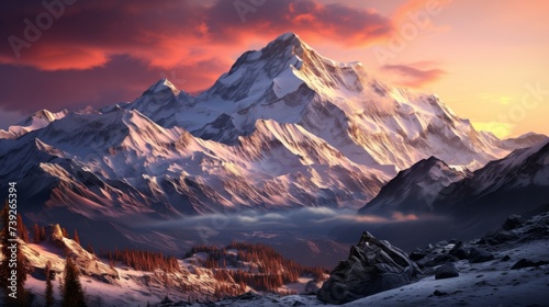 An alpine mountain chain at sunset  the sky painted in hues of pink and orange  the snow-capped peaks glowing softly  the air clear and crisp  Photography  tele