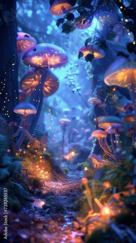 A magical forest scene with glowing mushrooms and mystical creatures