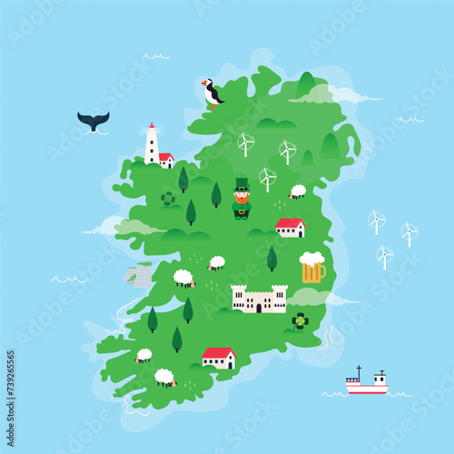 Map of Ireland with Irish symbols. 