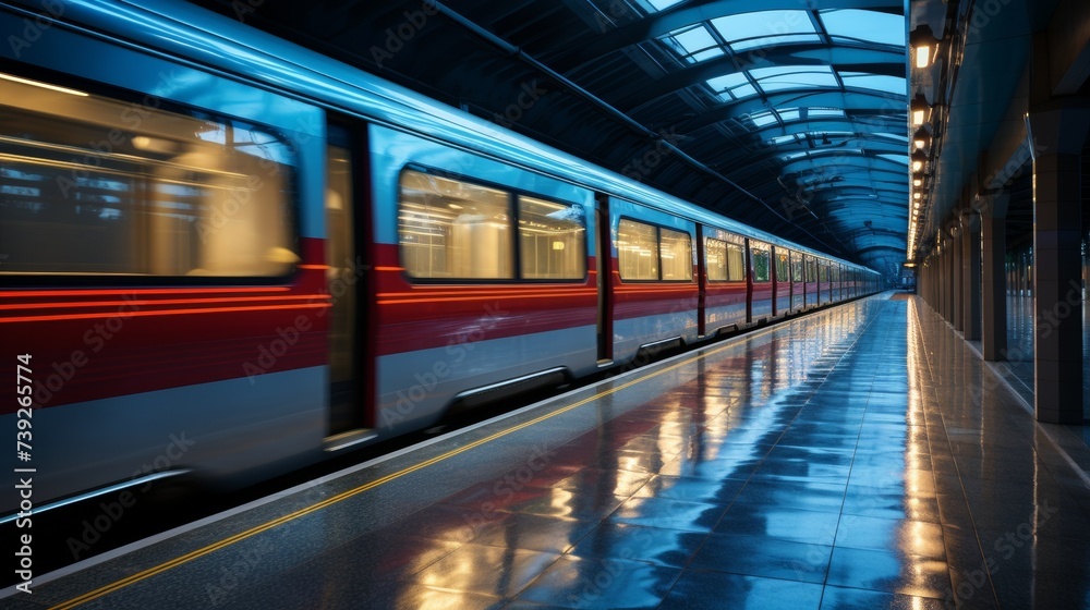 Fototapeta premium Empty subway station with a train passing through, modern architecture, conveying the speed and connectivity of city transport, Photorealistic, urban transporta