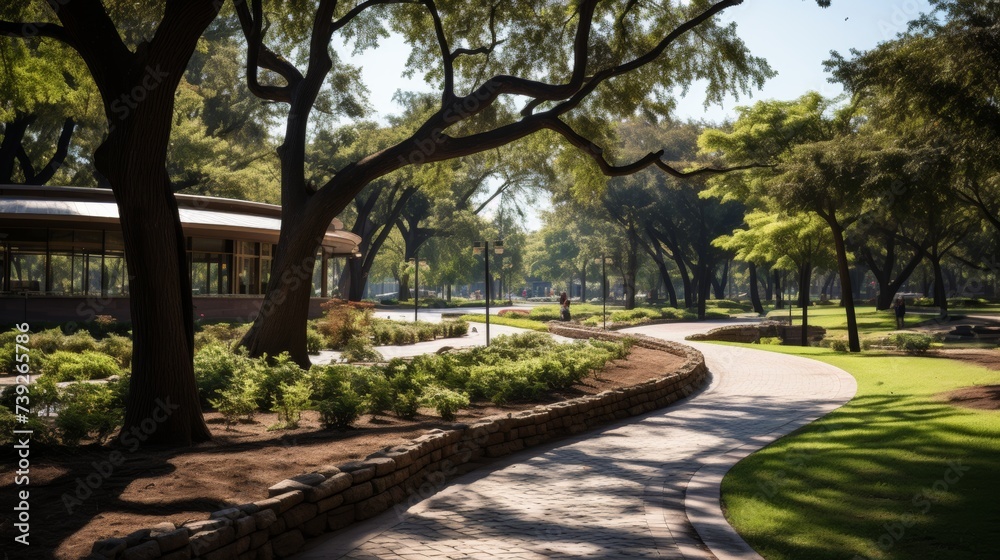 Beautifully landscaped public park, walking paths, benches, and diverse vegetation, symbolizing community spaces and urban greenery, Photorealistic, landscaped