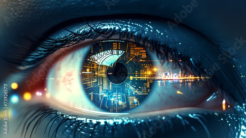 Close-up of human eye with futuristic digital overlay, technology concept