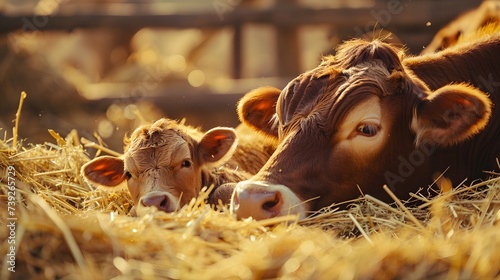 Cow and newborn calf lying in straw at cattle farm. Domestic animals husbandry and reproduction.
 photo