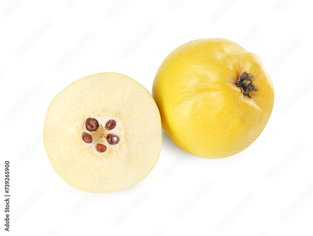 Ripe whole and cut quinces isolated on white Ripe whole and cut quinces isolated on white