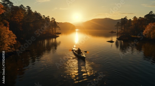 An aerial view of a serene lake at dawn  a fisherman in a canoe surrounded by the golden glow of the rising sun  the scene capturing the harmony between man and