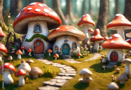 Mushroom garden with fairy tale houses and mushrooms. Selective focus, A delightfully eccentric gnome village set in a mushroom field, AI Generated 