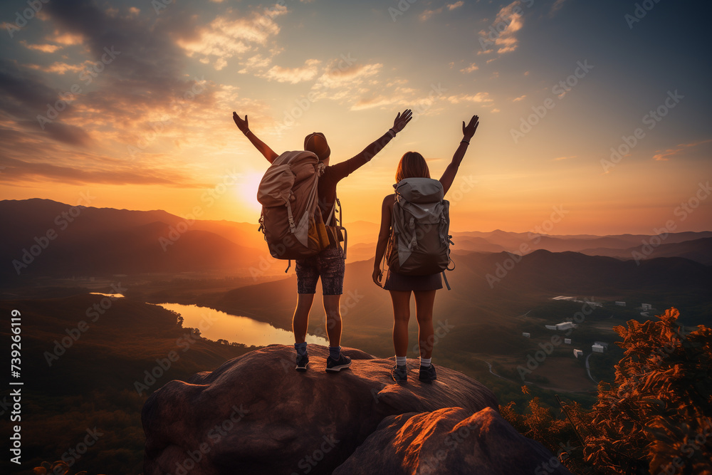 Rear view of man and woman travelers with backpacks standing on top of mountain and raising their arms up - obrazy, fototapety, plakaty 