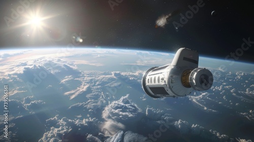 Spacecraft Approaching Planet - A manned spacecraft on its approach to a distant planet, representing human exploration and the quest for knowledge.