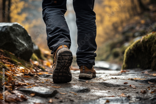 A man walking on a path in the autumn forest. Hiking in the mountains.