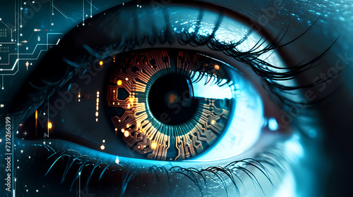 Close-up of human eye with futuristic digital overlay, technology concept