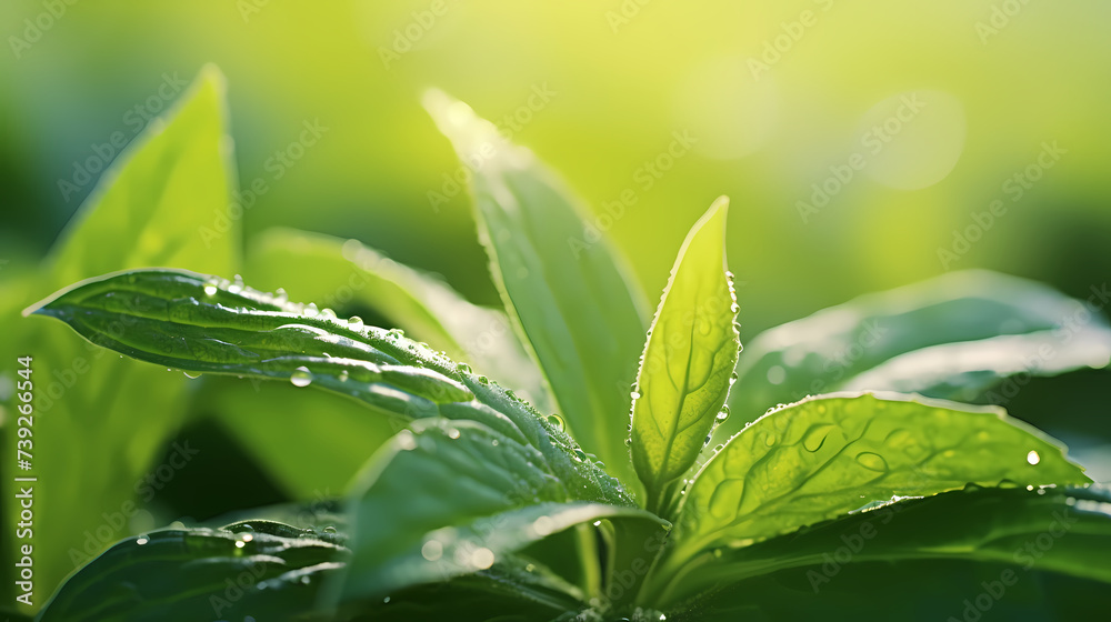 Raindrops on green leaves in nature close-up Raindrops on green leaves in nature close-up