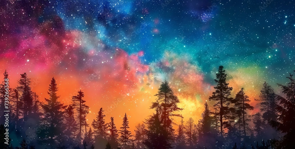 Galactic Forest Symphony - The Milky Way Illuminating the Night Sky Amidst a Misty Forest, Enhanced by the Subtle Hues of Sunset. Made with Generative AI Technology