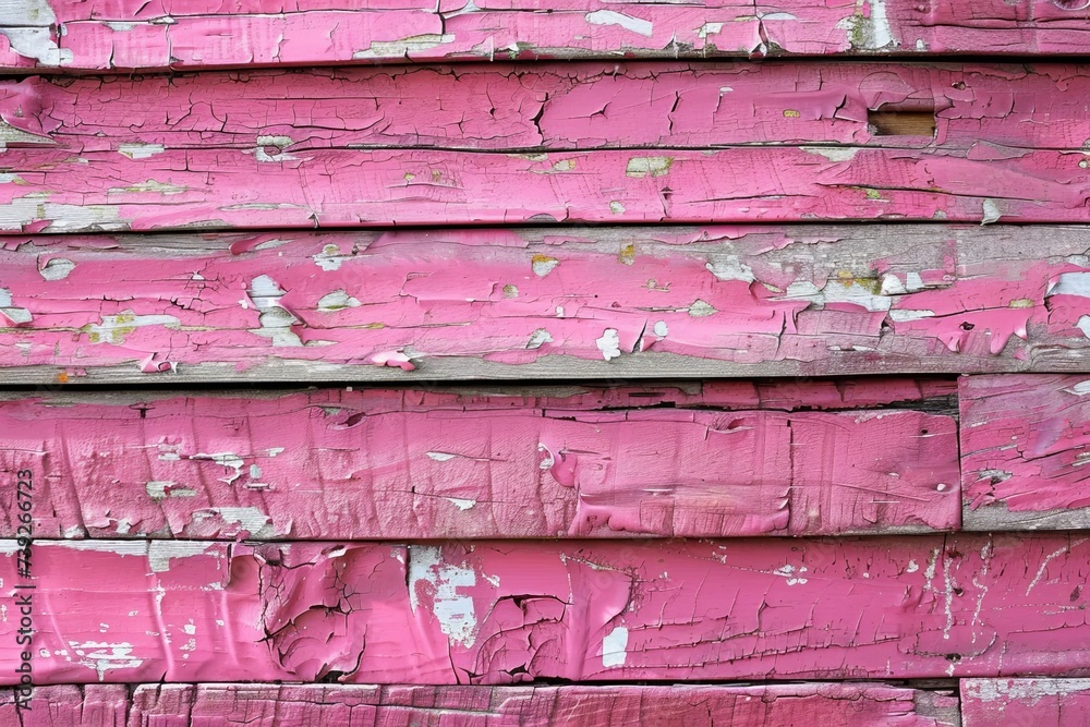 A detailed close-up of a pink-painted wood wall or bench with the paint ...