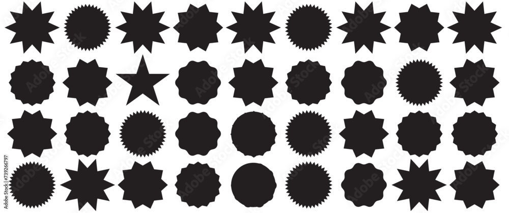 Set of black price sticker, sale or discount sticker, sunburst badges icon. Stars shape with different number of rays. Special offer price tag. Red starburst promotional badge set, shopping labels - obrazy, fototapety, plakaty 