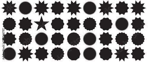 Set of black price sticker, sale or discount sticker, sunburst badges icon. Stars shape with different number of rays. Special offer price tag. Red starburst promotional badge set, shopping labels photo