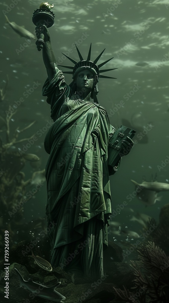 Surreal depiction of Statue of Liberty underwater with fishes swimming around, post-tsunami scene, dark, moody atmosphere Surreal depiction of Statue of Liberty underwater with fishes swimming around, post-tsunami scene, dark, moody atmosphere