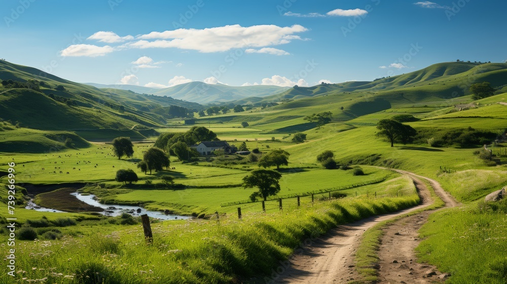 Obraz premium A winding country road cutting through rolling green hills, wildflowers lining the path, the expansive landscape under a clear blue sky offering a sense of free