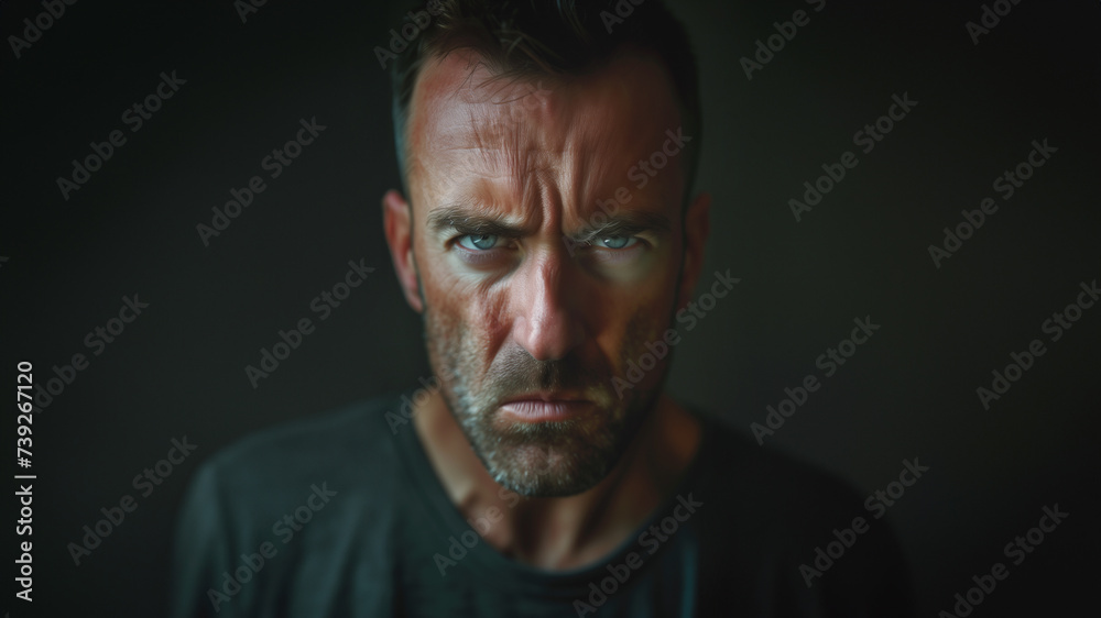 Caucasian middle-aged man with a serious expression on a dark, moody background with ample space for text, suitable for concepts related to emotions or mental health Caucasian middle-aged man with a serious expression on a dark, moody background with ample space for text, suitable for concepts related to emotions or mental health