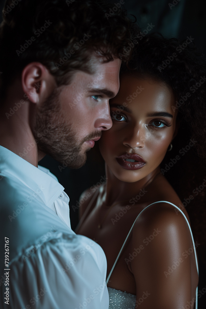 Intimate portrait of a diverse couple, Caucasian man and African American woman, with a moody, dark aesthetic, suitable for concepts on romance, relationships, and luxury fashion