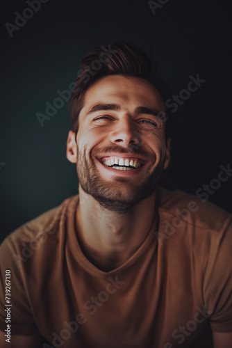 Portrait of a joyful young man with a beaming smile, exuding happiness and positivity on a dark background with space for text © fotogurmespb