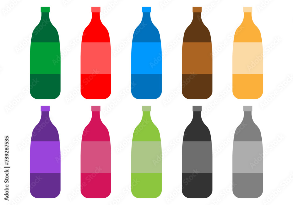 Hoja de iconos de botellas de diferentes colores. Hoja de iconos de botellas de diferentes colores.