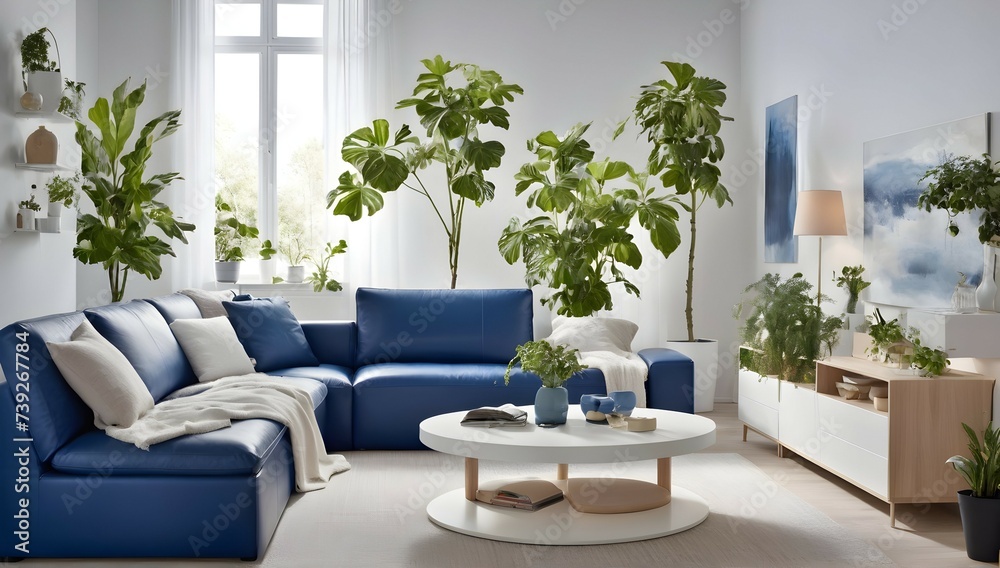 Donnez une nouvelle vie à votre salon en le rénovant dans un style IKEA avec des nuances de bleu et de blanc, des meubles en cuir haut de gamme, une table basse ronde et des plantes pour une ambiance 