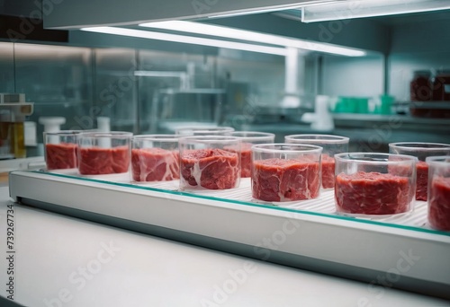 Meat sample plastic cell culture dish in modern laboratory or production facility. Clean cell-based meat concept. Muscle and connective tissue cultured in vitro from animal cells.