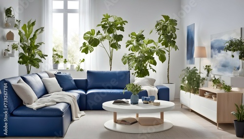 Donnez une nouvelle vie à votre salon en le rénovant dans un style IKEA avec des nuances de bleu et de blanc, des meubles en cuir haut de gamme, une table basse ronde et des plantes pour une ambiance 