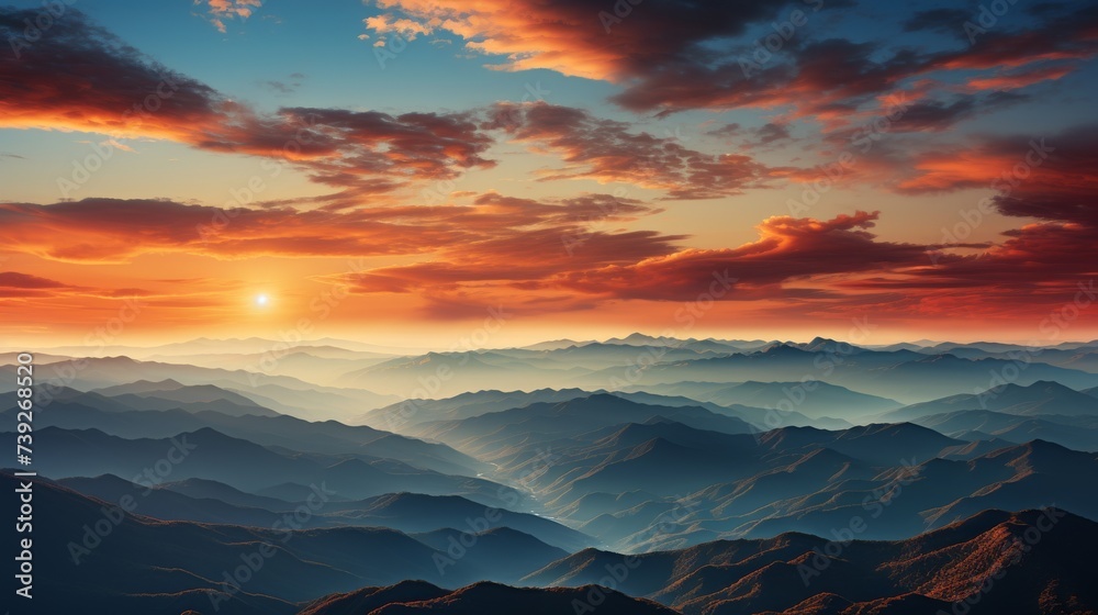 Breathtaking view of a mountain range at sunset, sky ablaze with vivid oranges and pinks, casting long shadows over the peaks, Photography, wide-angle lens to c