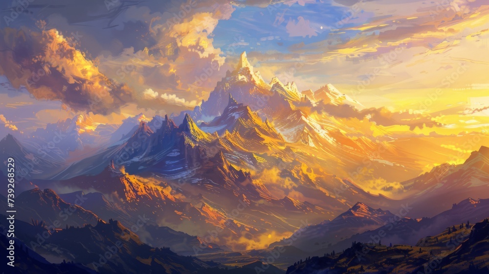 Sunset Glow on Mountain Peaks - The glowing sunset casts a golden hue over the rugged mountain peaks, creating a dynamic and inspiring landscape.