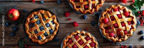 Apple Berry Pie Collection - A selection of apple and mixed berry pies featuring a beautifully baked crust  presented on a vintage wooden table with vibrant whole fruits as accents.