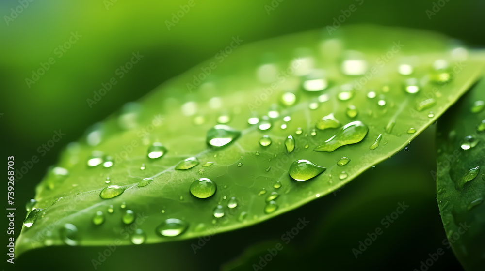 Raindrops on green leaves in nature close-up Raindrops on green leaves in nature close-up