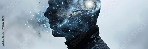 Stellar Mind Concept - A surreal representation of a human profile dissolving into a star-filled cosmos, symbolizing vast mental potential and the mysteries of the human psyche photo