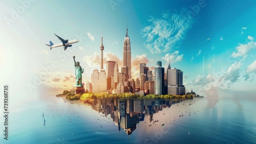 Metropolitan Reflections Concept - A concept image showing a plane flying over a reflected cityscape, symbolizing travel, globalization, and the fast pace of city life.