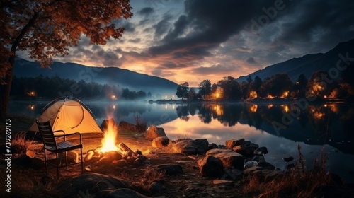 Friends camping in a local national park, tents set up near a lake, campfire and starry sky, a guitar and marshmallows, showcasing fun and relaxation in nature, © ProVector