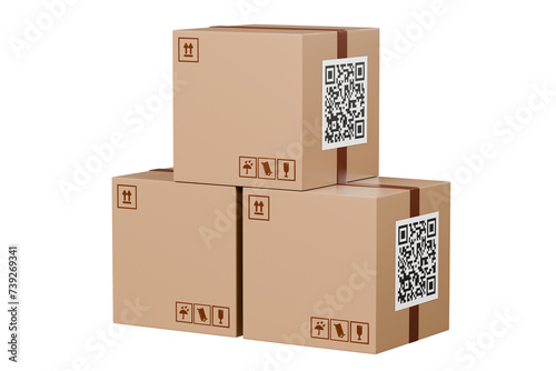 3D Cardboard box or parcel box stack on ground with barcode icon. Logistics and Factory concept. Fast delivery and Order or parcel tracking icon. isolated orange background. 3D Rendering.