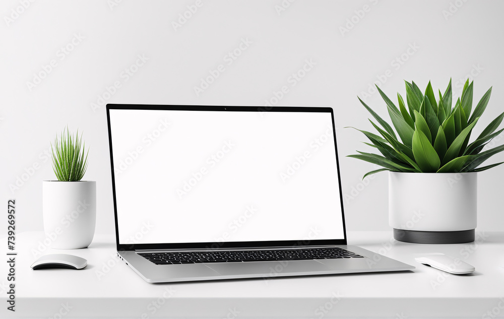 Laptop with blank screen on white table. 3d rendering. Laptop with blank screen on white table. 3d rendering.