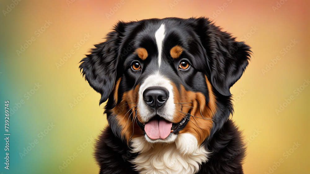 Portrait of a Bernese mountain dog on a color background.