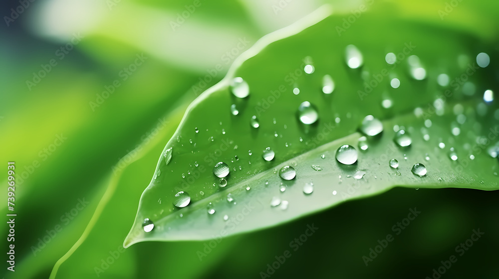 Raindrops on green leaves in nature close-up Raindrops on green leaves in nature close-up