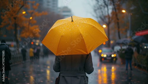 Person Holding Bright Yellow Umbrella on Rainy Day in City Street