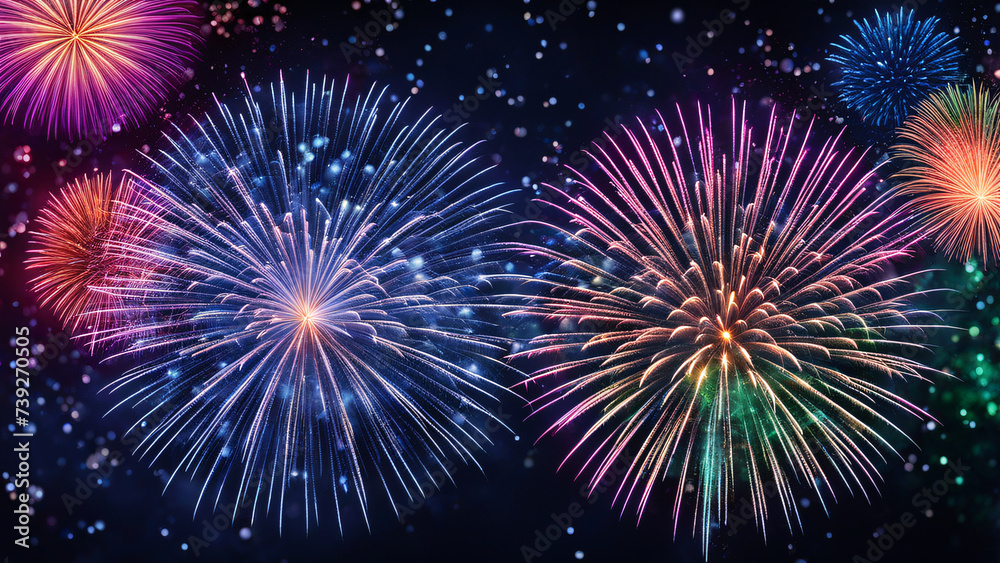 Naklejka premium Colorful fireworks of various colors over night sky background